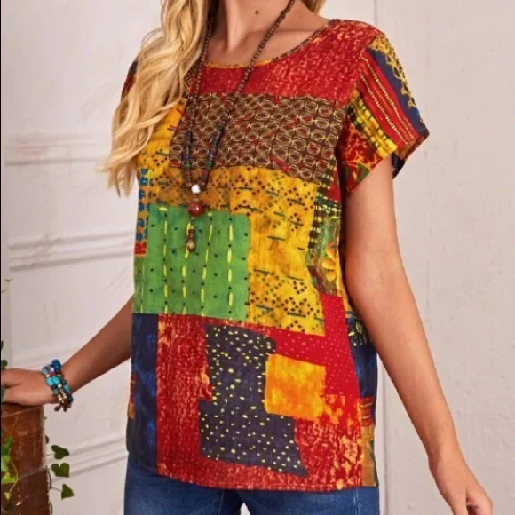 Vibrant Patchwork Print Blouse  Boutique New - Picture 2 of 8
